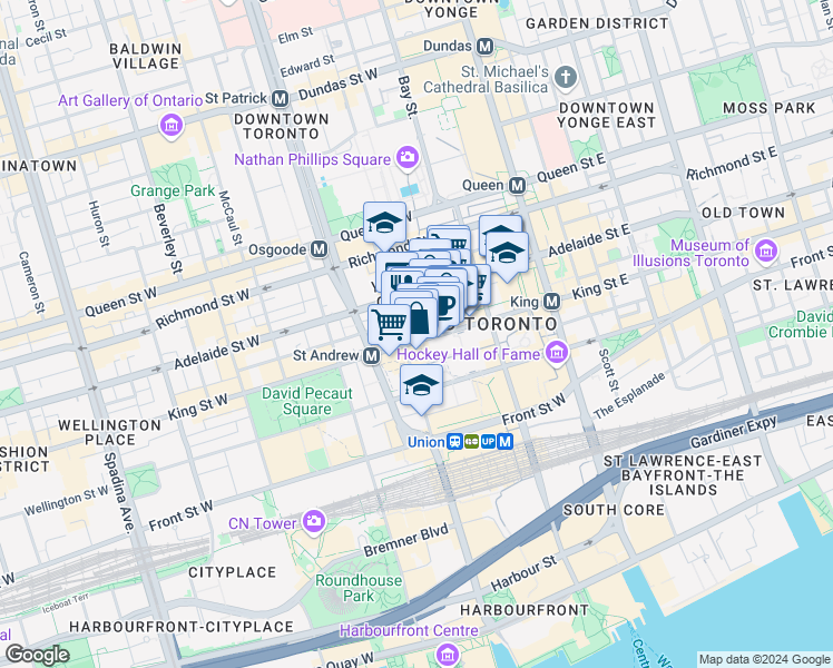 map of restaurants, bars, coffee shops, grocery stores, and more near in Toronto