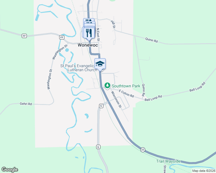 map of restaurants, bars, coffee shops, grocery stores, and more near 105 Colvin Road in Wonewoc