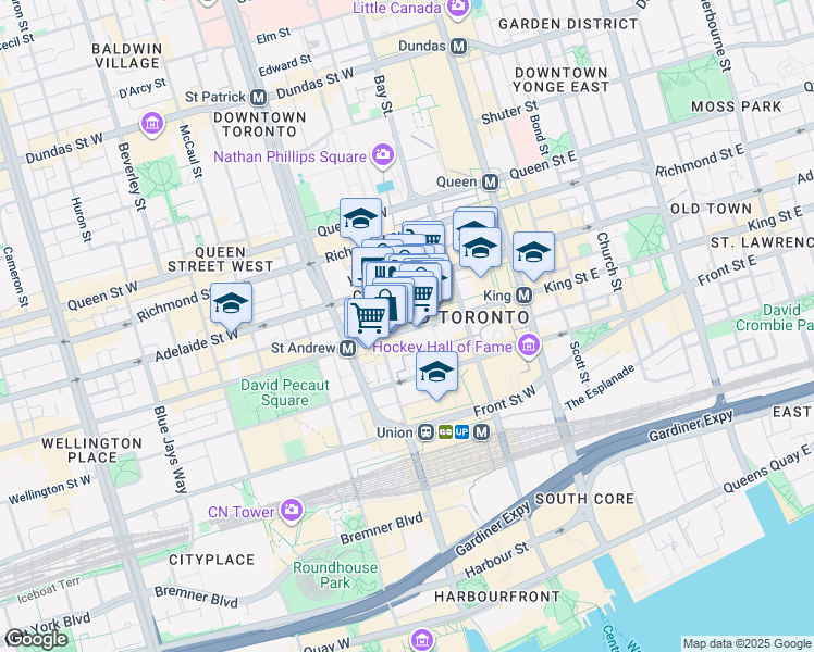 map of restaurants, bars, coffee shops, grocery stores, and more near 106 King Street West in Toronto