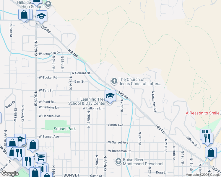 map of restaurants, bars, coffee shops, grocery stores, and more near 3108 North 28th Street in Boise