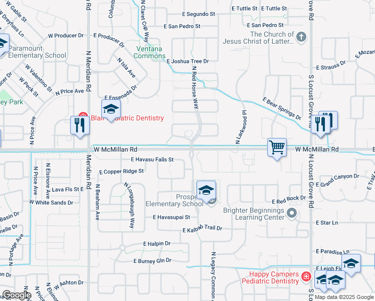 map of restaurants, bars, coffee shops, grocery stores, and more near 701 East McMillan Road in Meridian