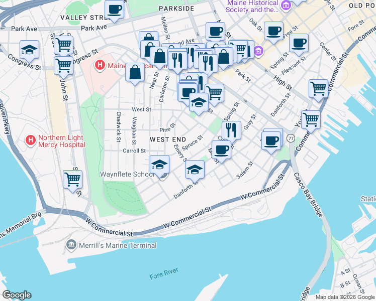 map of restaurants, bars, coffee shops, grocery stores, and more near 80 Spruce Street in Portland
