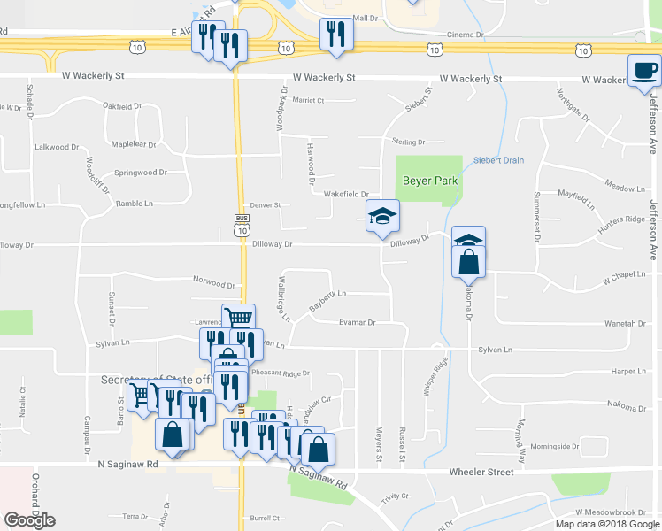 map of restaurants, bars, coffee shops, grocery stores, and more near 1312 Brentwood Drive in Midland