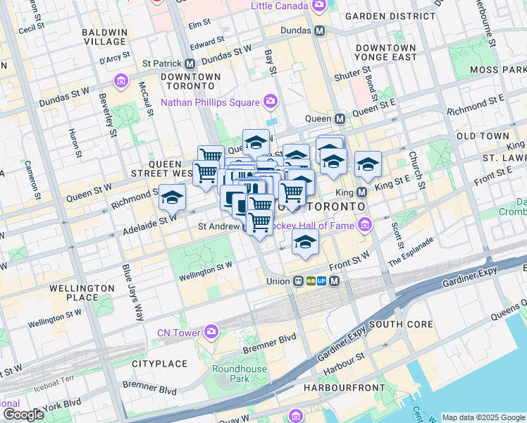map of restaurants, bars, coffee shops, grocery stores, and more near 114 York Street in Toronto