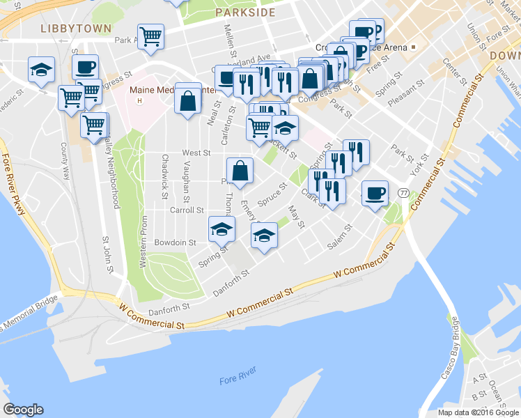 map of restaurants, bars, coffee shops, grocery stores, and more near 83 Spruce Street in Portland