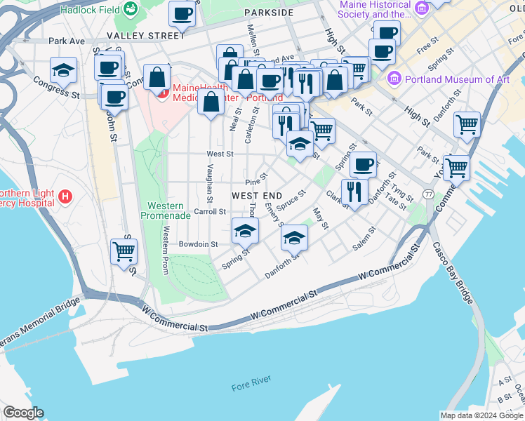 map of restaurants, bars, coffee shops, grocery stores, and more near 47 Thomas Street in Portland