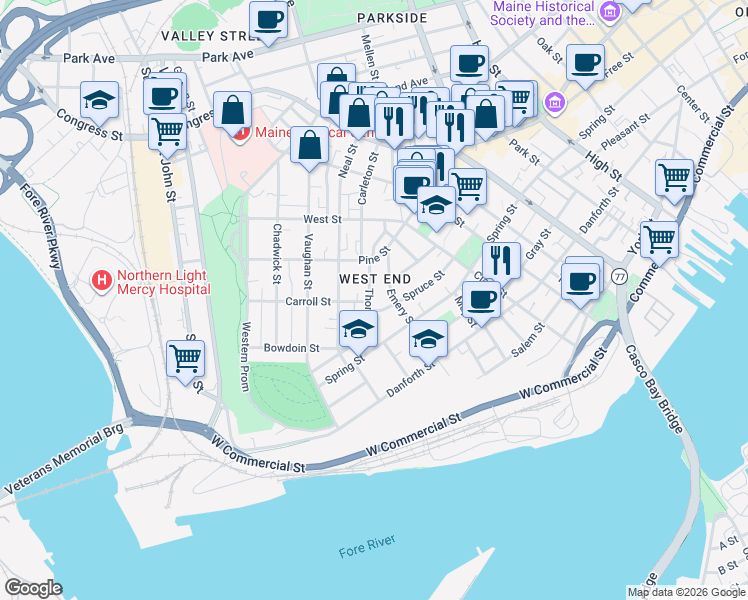 map of restaurants, bars, coffee shops, grocery stores, and more near 47 Thomas Street in Portland
