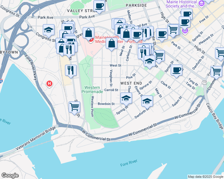 map of restaurants, bars, coffee shops, grocery stores, and more near 55 Carroll Street in Portland