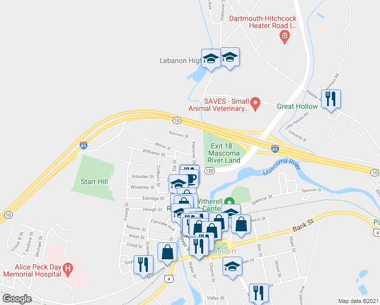 map of restaurants, bars, coffee shops, grocery stores, and more near 137 Hanover Street in Lebanon