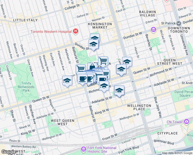 map of restaurants, bars, coffee shops, grocery stores, and more near 54 Wolseley Street in Toronto