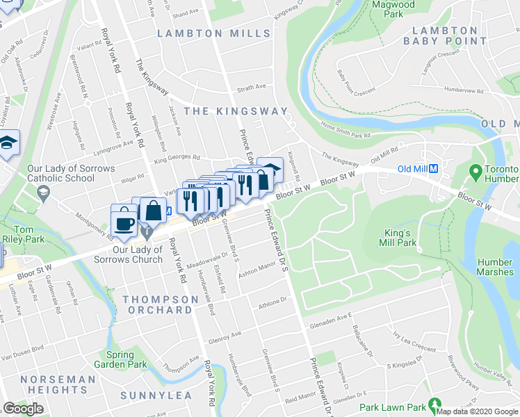 map of restaurants, bars, coffee shops, grocery stores, and more near in Toronto