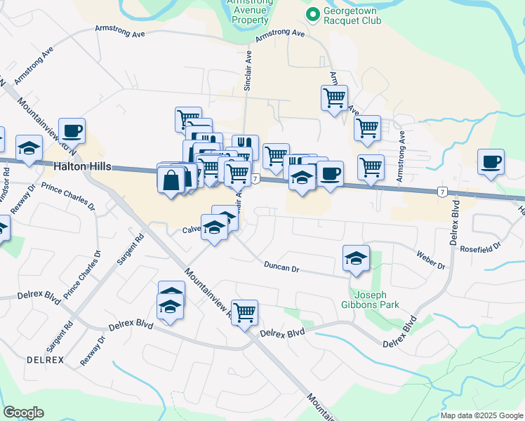map of restaurants, bars, coffee shops, grocery stores, and more near 35 Raylawn Crescent in Halton Hills