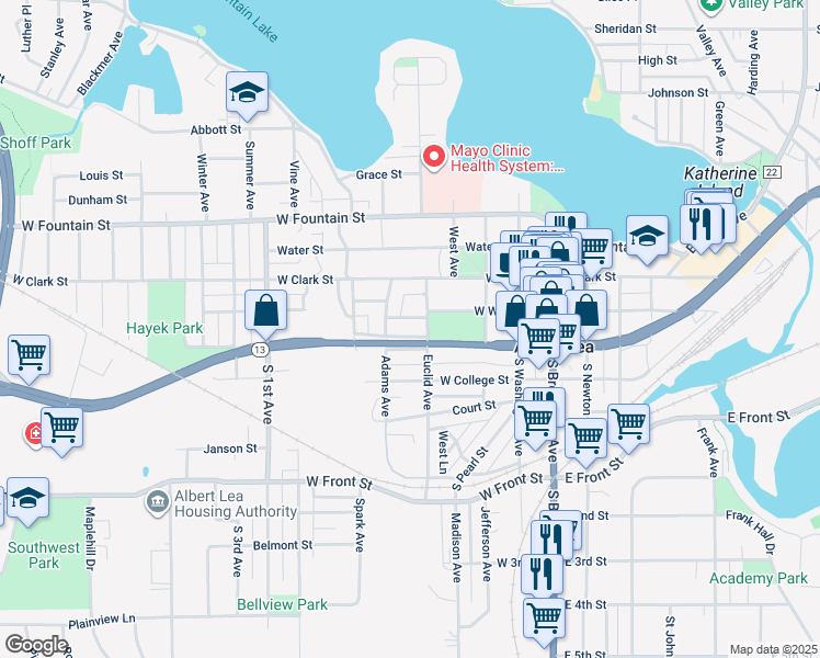 map of restaurants, bars, coffee shops, grocery stores, and more near 263 Adams Avenue in Albert Lea