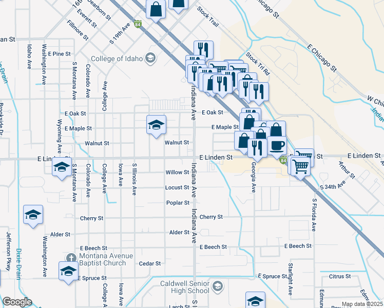 map of restaurants, bars, coffee shops, grocery stores, and more near 2420 Indiana Avenue in Caldwell