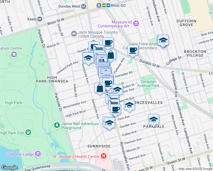 map of restaurants, bars, coffee shops, grocery stores, and more near 305 Roncesvalles Avenue in Toronto