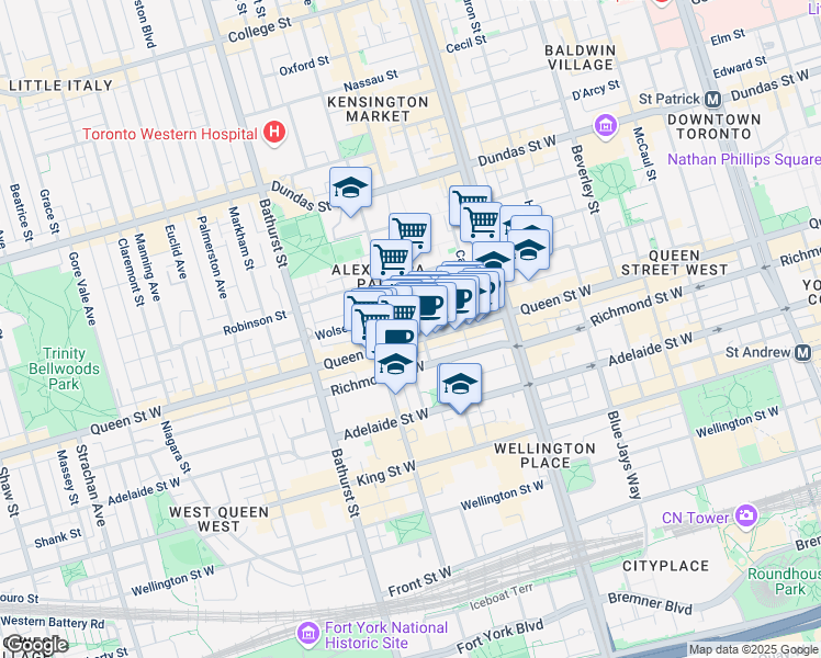 map of restaurants, bars, coffee shops, grocery stores, and more near 543 Queen Street West in Toronto