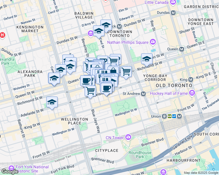 map of restaurants, bars, coffee shops, grocery stores, and more near 260 Adelaide Street West in Toronto