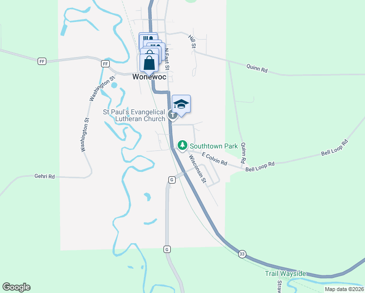 map of restaurants, bars, coffee shops, grocery stores, and more near 105 Colvin Road in Wonewoc