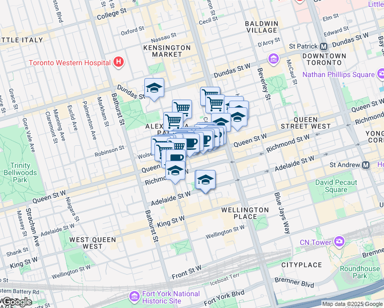 map of restaurants, bars, coffee shops, grocery stores, and more near 543 Queen Street West in Toronto