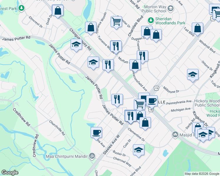 map of restaurants, bars, coffee shops, grocery stores, and more near 25 Oblate Crescent in Brampton