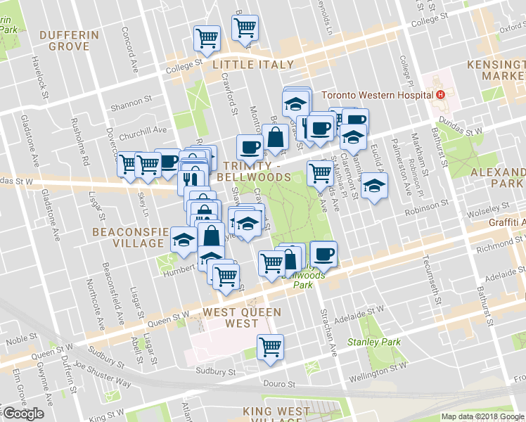map of restaurants, bars, coffee shops, grocery stores, and more near 217 Crawford St in Toronto