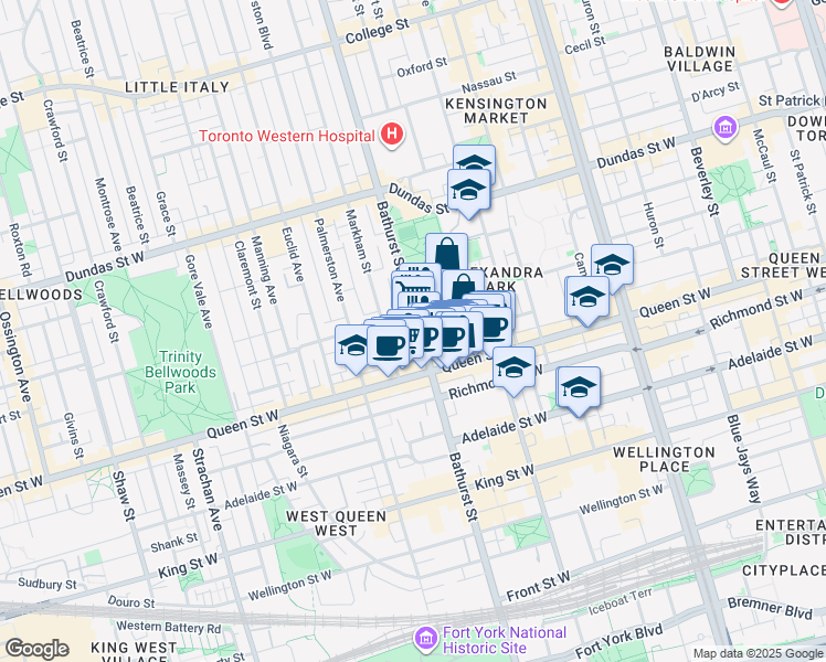 map of restaurants, bars, coffee shops, grocery stores, and more near 214 Bathurst Street in Toronto