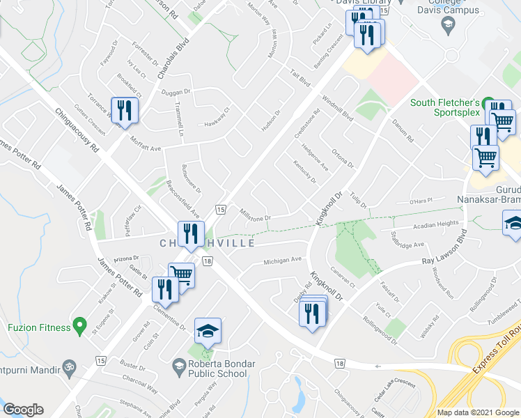 map of restaurants, bars, coffee shops, grocery stores, and more near 101 Cranberry Crescent in Brampton