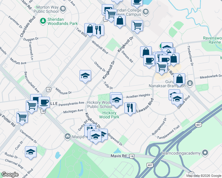 map of restaurants, bars, coffee shops, grocery stores, and more near 87 Tulip Drive in Brampton