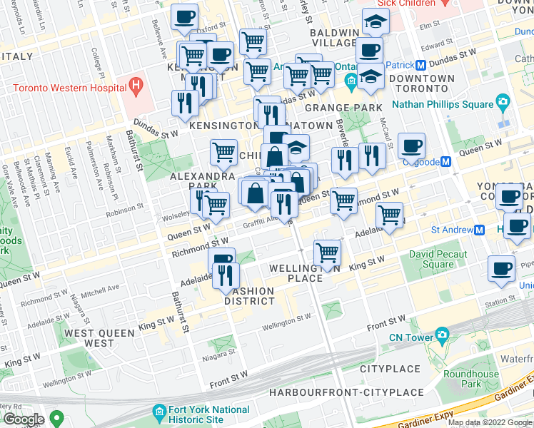 map of restaurants, bars, coffee shops, grocery stores, and more near 473 Queen Street West in Toronto