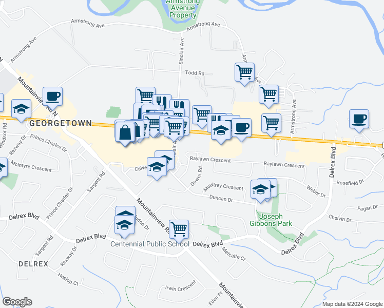 map of restaurants, bars, coffee shops, grocery stores, and more near 35 Raylawn Crescent in Halton Hills