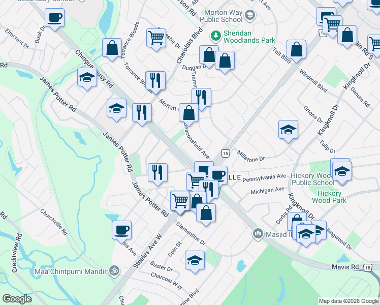 map of restaurants, bars, coffee shops, grocery stores, and more near 40 Langdale Crescent in Brampton
