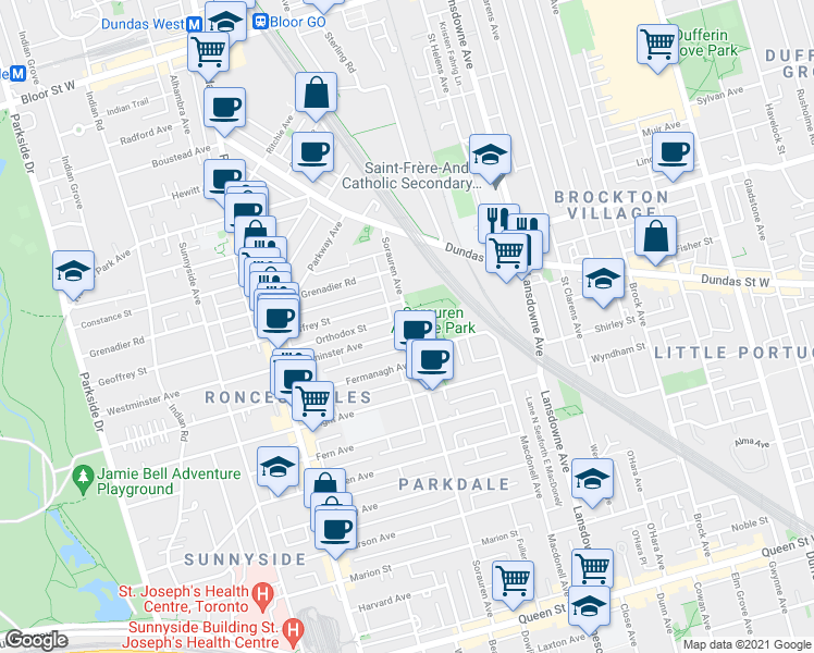 map of restaurants, bars, coffee shops, grocery stores, and more near 2 Westminster Avenue in Toronto