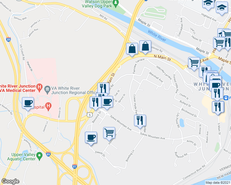 map of restaurants, bars, coffee shops, grocery stores, and more near 44 Oak Street in Hartford