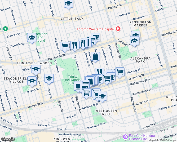 map of restaurants, bars, coffee shops, grocery stores, and more near in Toronto