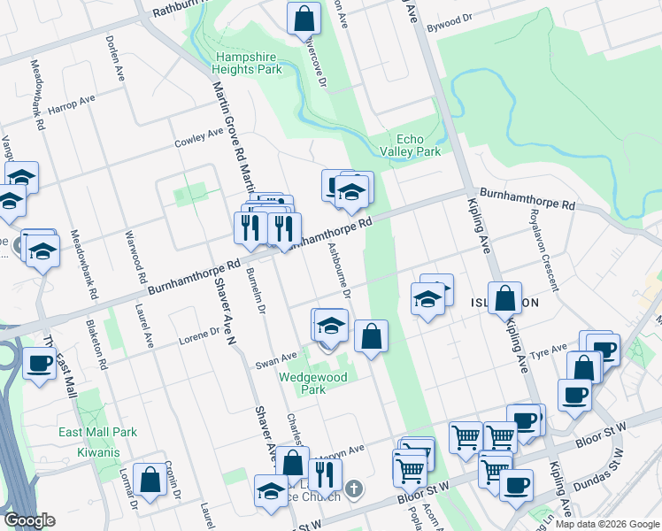 map of restaurants, bars, coffee shops, grocery stores, and more near 122 Ashbourne Drive in Toronto