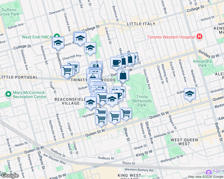 map of restaurants, bars, coffee shops, grocery stores, and more near 220 Shaw Street in Toronto