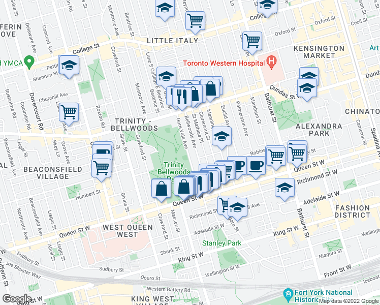 map of restaurants, bars, coffee shops, grocery stores, and more near 79 Gore Vale Avenue in Toronto