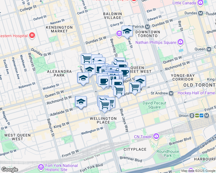 map of restaurants, bars, coffee shops, grocery stores, and more near 364 Richmond Street West in Toronto