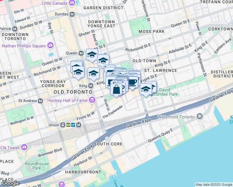 map of restaurants, bars, coffee shops, grocery stores, and more near 35 Church Street in Toronto