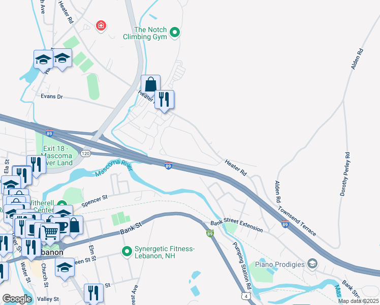 map of restaurants, bars, coffee shops, grocery stores, and more near 71 Heater Road in Lebanon