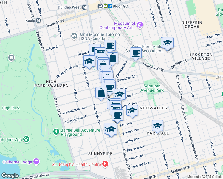map of restaurants, bars, coffee shops, grocery stores, and more near 124 Geoffrey Street in Toronto