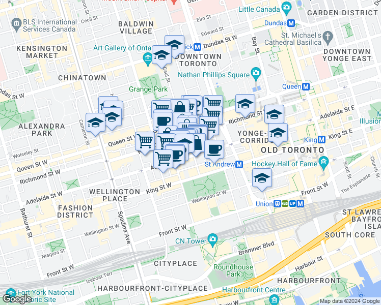 map of restaurants, bars, coffee shops, grocery stores, and more near in Toronto