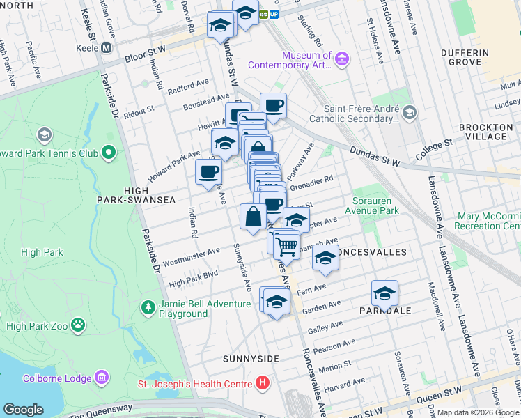 map of restaurants, bars, coffee shops, grocery stores, and more near 290 Roncesvalles Avenue in Toronto