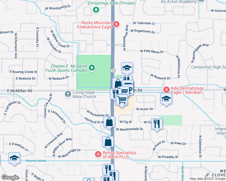 map of restaurants, bars, coffee shops, grocery stores, and more near 2051 West McMillan Road in Boise