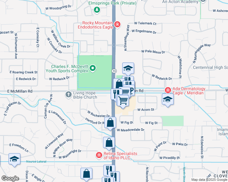 map of restaurants, bars, coffee shops, grocery stores, and more near 2051 West McMillan Road in Boise