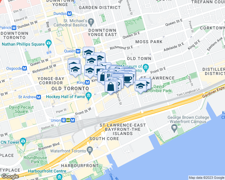 map of restaurants, bars, coffee shops, grocery stores, and more near 49 Wellington Street East in Toronto