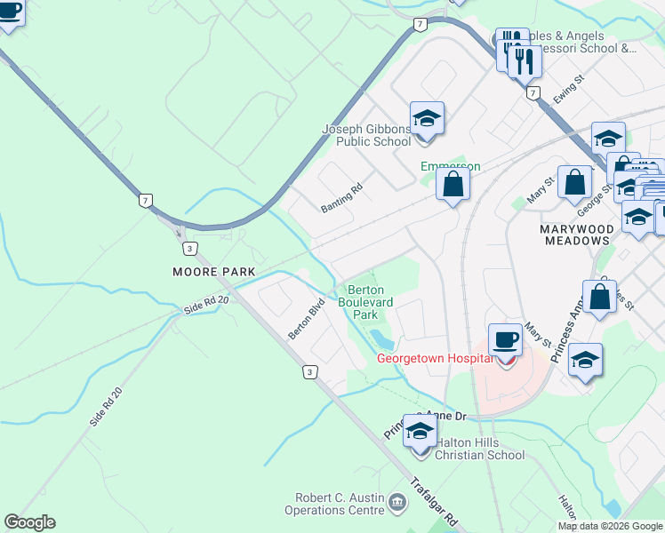 map of restaurants, bars, coffee shops, grocery stores, and more near 182 Mowat Crescent in Halton Hills
