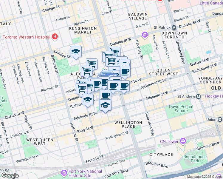 map of restaurants, bars, coffee shops, grocery stores, and more near 465 Queen Street West in Toronto