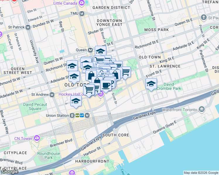 map of restaurants, bars, coffee shops, grocery stores, and more near 88 Scott Street in Toronto