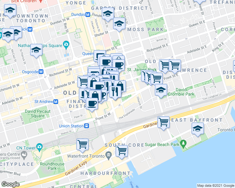 map of restaurants, bars, coffee shops, grocery stores, and more near 88 Scott Street in Toronto